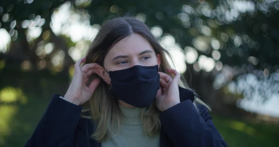 Woman putting on mask