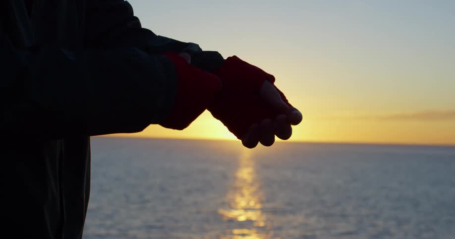 A silhouette of a persons hands at sunset