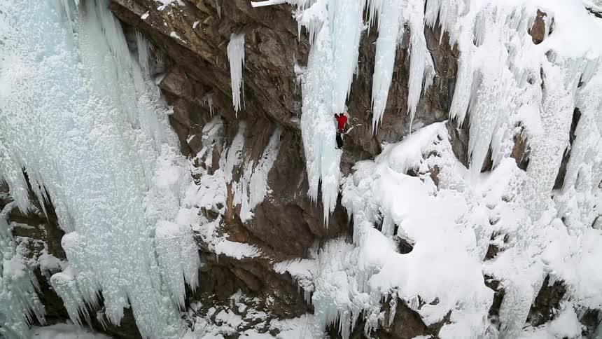 Aerial view of a person ice climbing