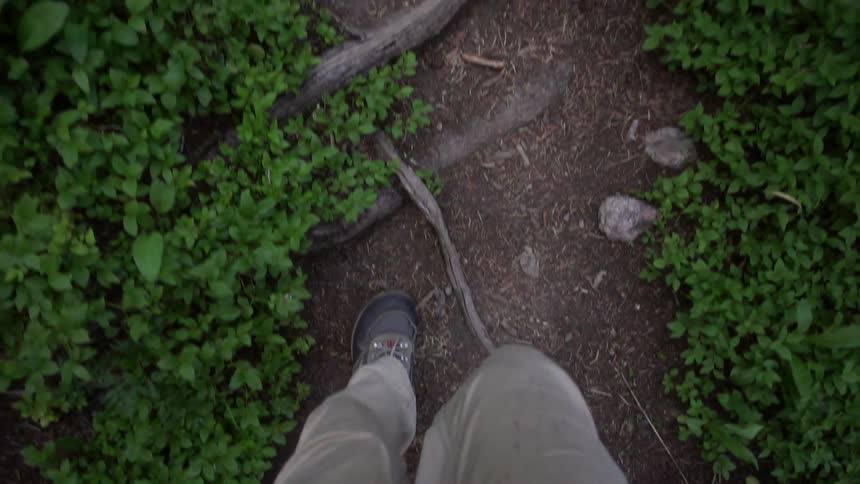A person hikes down a narrow dirt path