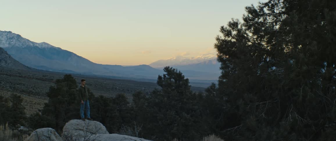 A man stands on a rock looking down a slope with mountains behind