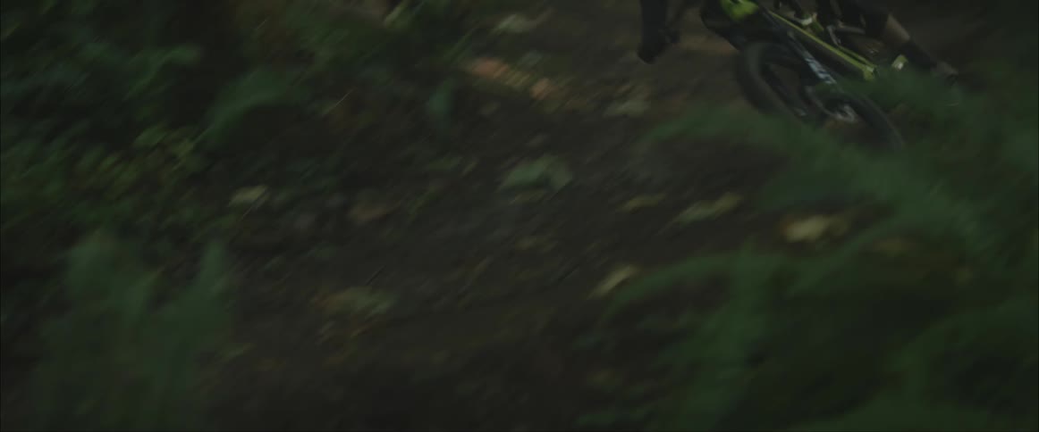 A man rides a dirt bike down a curvy road through a forest