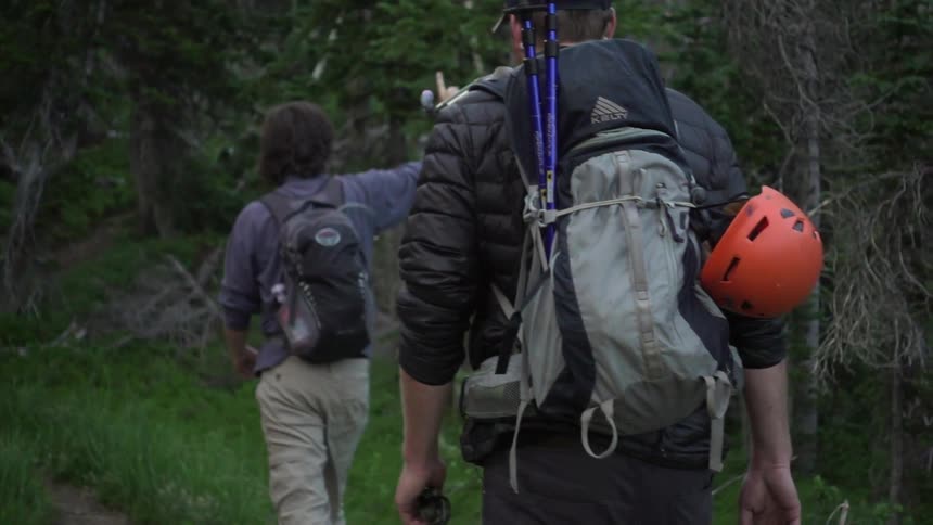A male hiker points something out to the hiker behind him