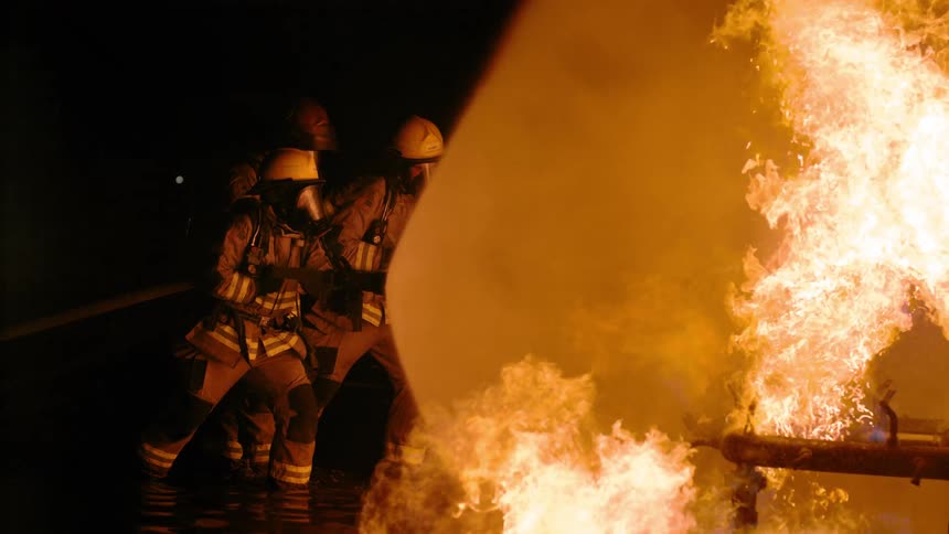 Three firefighters are trying to extinguish a fire bursting out from a pipe