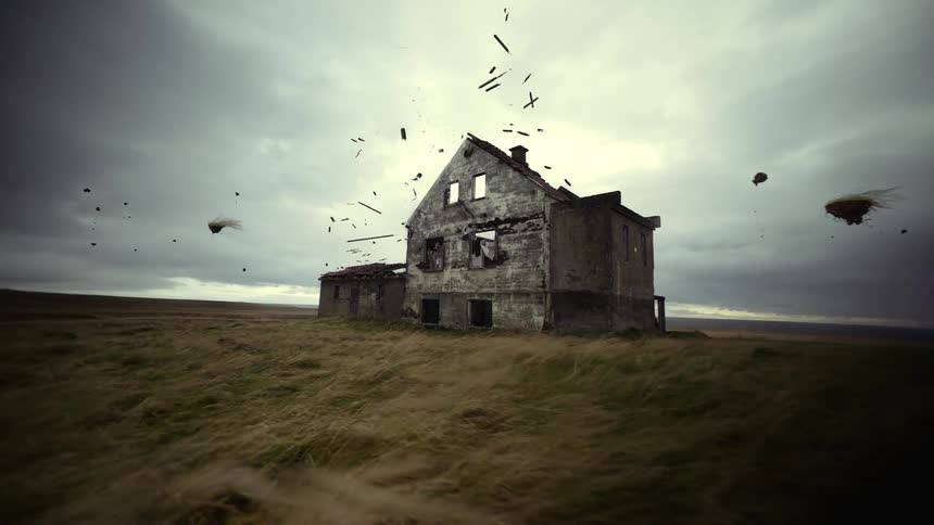 A view of a scene with grass and wood flying through the air