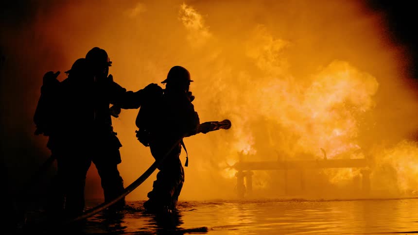 Silhouettes of firefighters battling huge flames