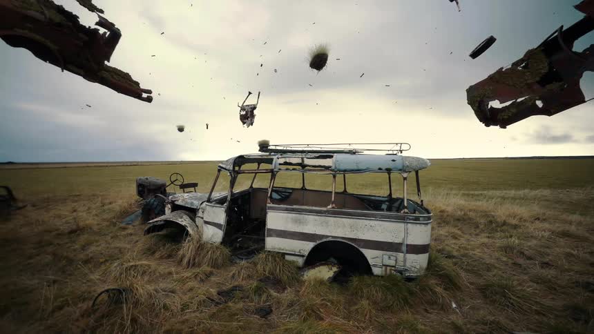 Wrecked rusted vehicle chassis float in air near newer wrecked car in field under an overcast sky