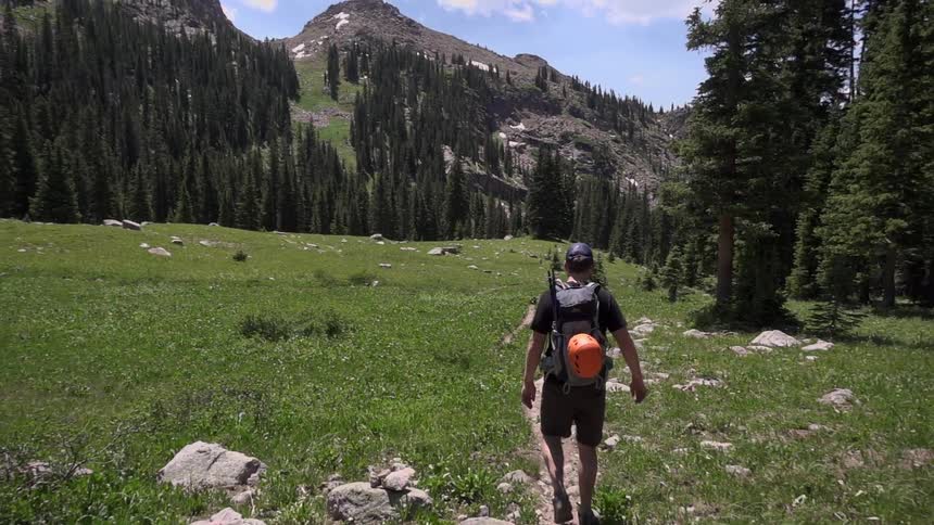 A man is hiking in the wilderness