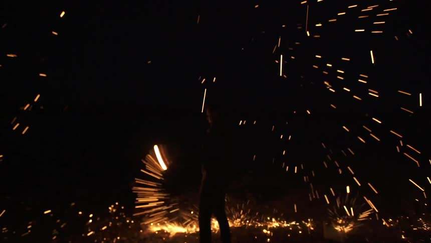Someone rapidly swirls a sparkler in the darkness
