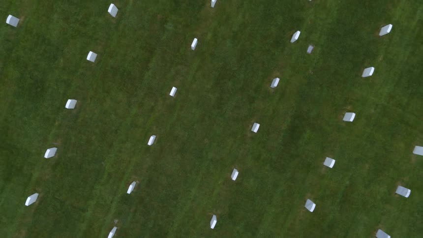 Top down rise above paralell rows of white tombstones over the green lawn of a cemetery