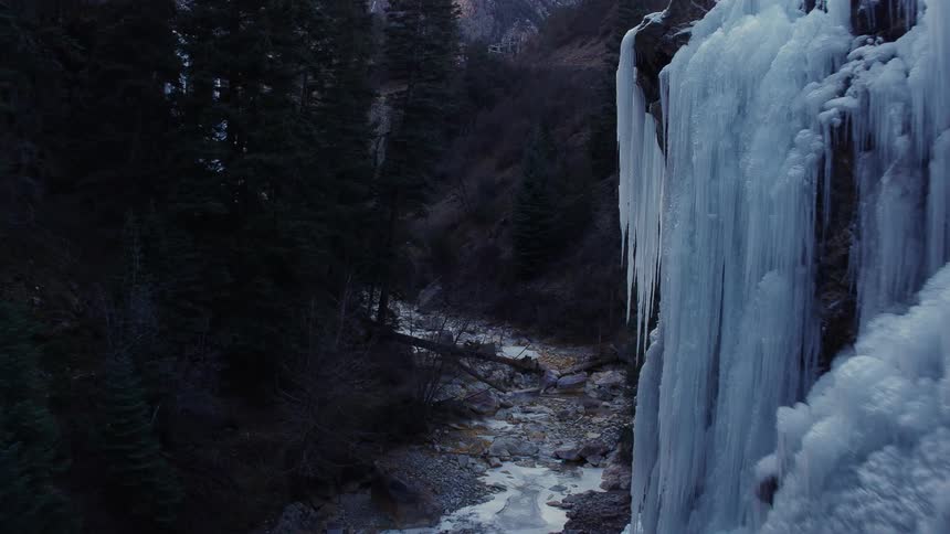 A frozen stream in a forest with icicles and trees