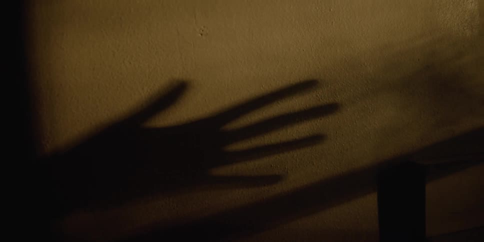 A shadow of a persons hand on a wall in a room