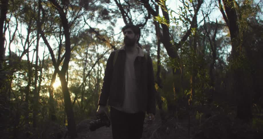 Young bearded man carrying a camera walks on a trail through the forest at sunset