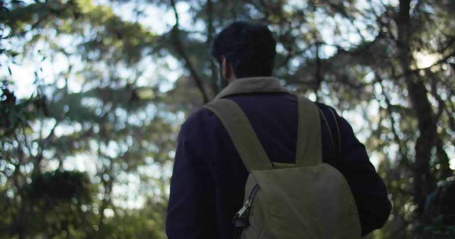 A man hikes through the forest with a canvas backpack