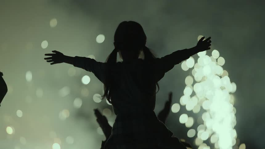 People cheer for a fireworks display at night