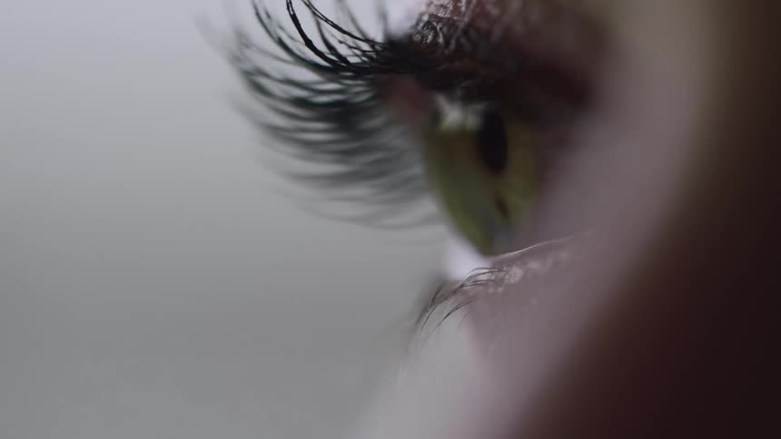 Extreme close up of the long eyelashes of a woman with green eyes
