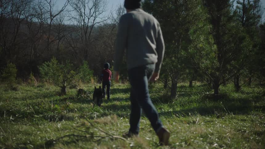 A man a boy and a dog walking in an orchard with the sky and clouds in the background