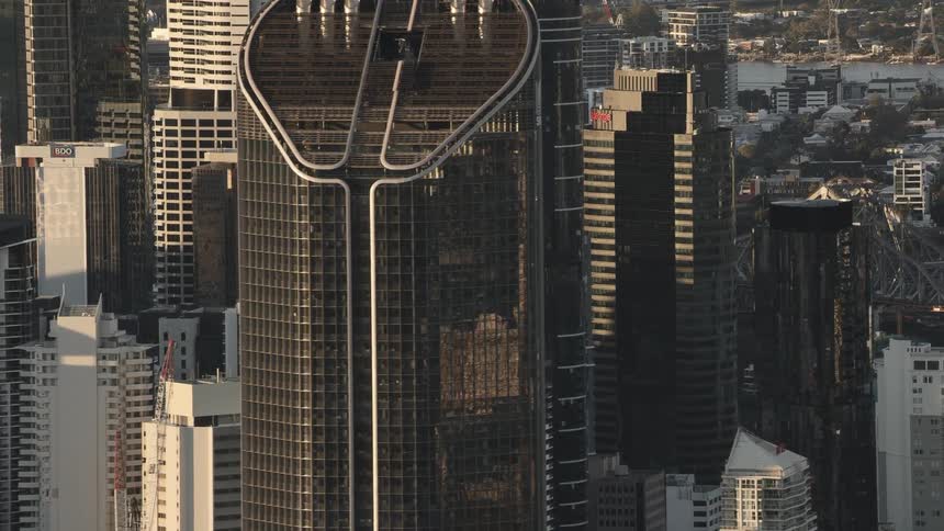 Aerial view of tall skyscrapers in the city downtown at morning