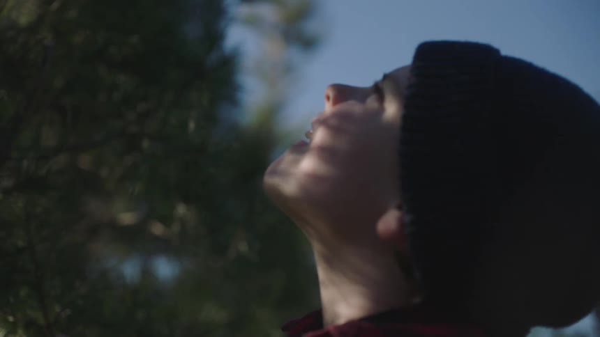 A boy with a hat touching a pine tree with the sky and clouds in the background