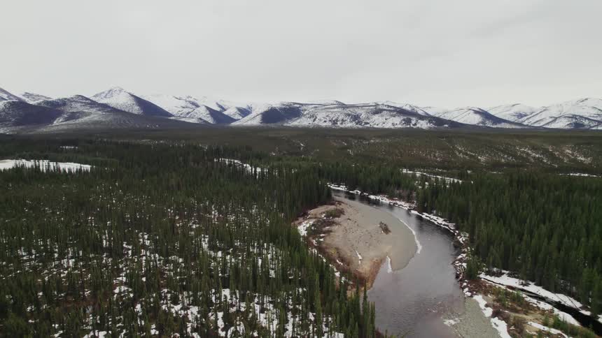 Lake surrounded by forests and snow covered mountains on the horizon