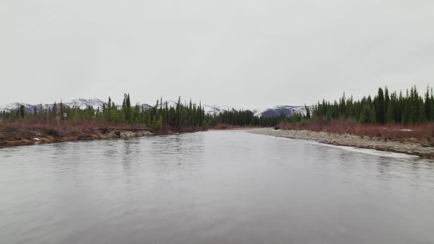 An aerial view of a river flowing through a forest on an overcast winter day