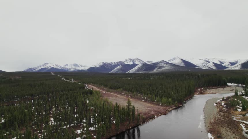 Aerial view of a river flowing through the pine tree forest near the mountains