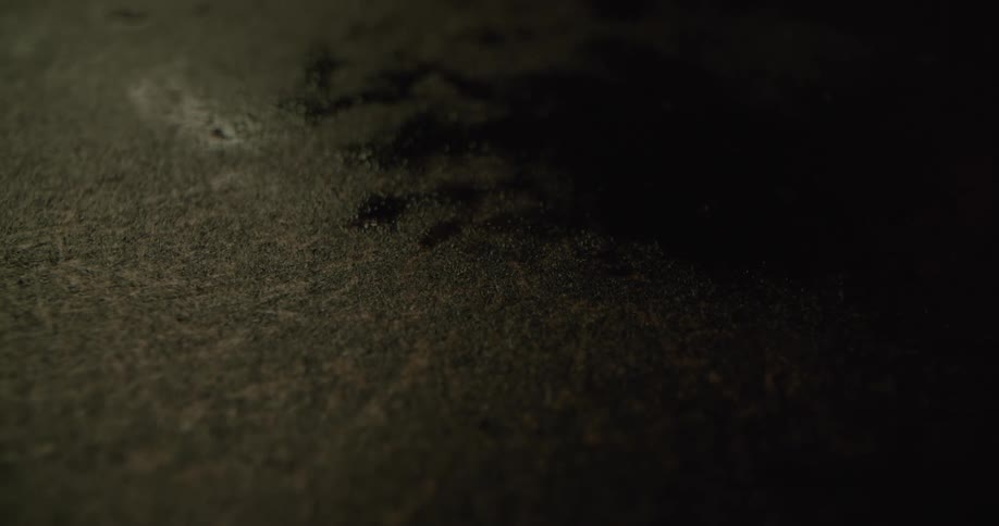 Brush spreads dark ink across brown textured surface that quickly dries