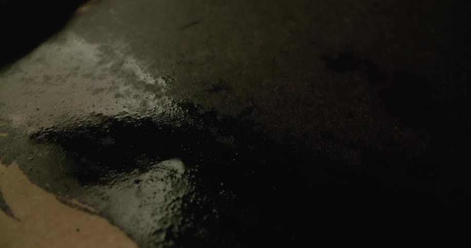 Close up of a small brush paiting with black ink over cardboard
