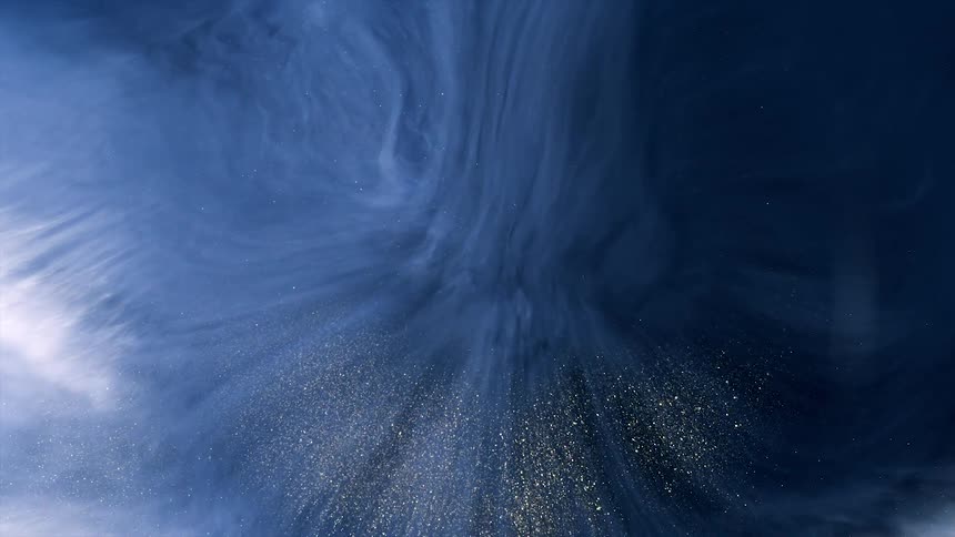Flowing blue and white liquid with golden shimmering particles