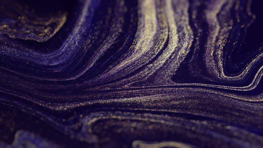 A macro fantasy scene of purple and golden paint flowing and marbling