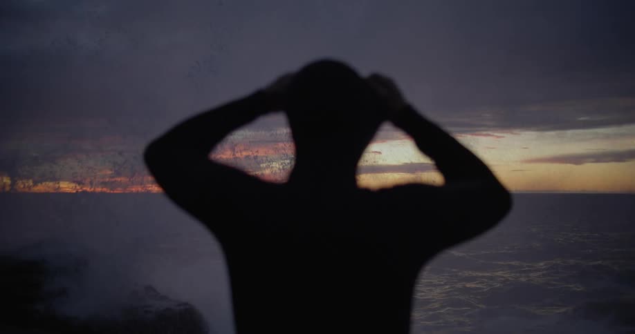 A person stands on the coast looking over the water as the sun sets