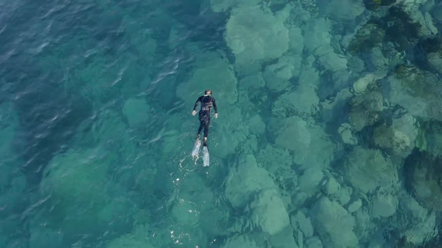 Aerial shot of a man swimming in an ocean