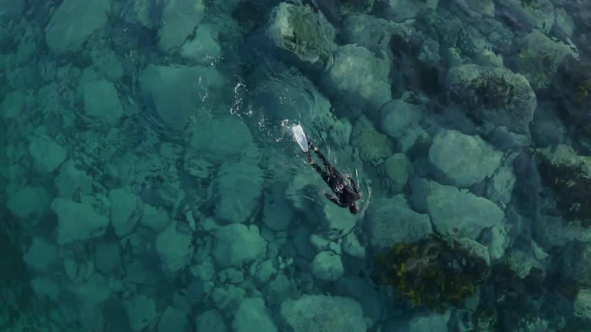 A diver swims through the clear waters of the ocean during the day