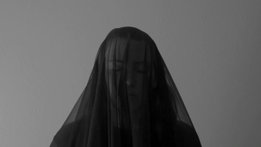 A translucent black cloth is pulled off of a woman