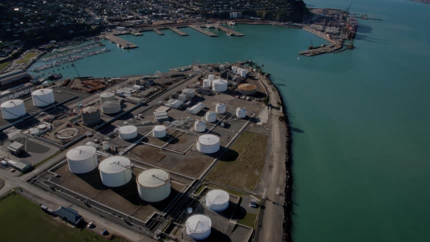 Aerial shot of a coastal refinery town