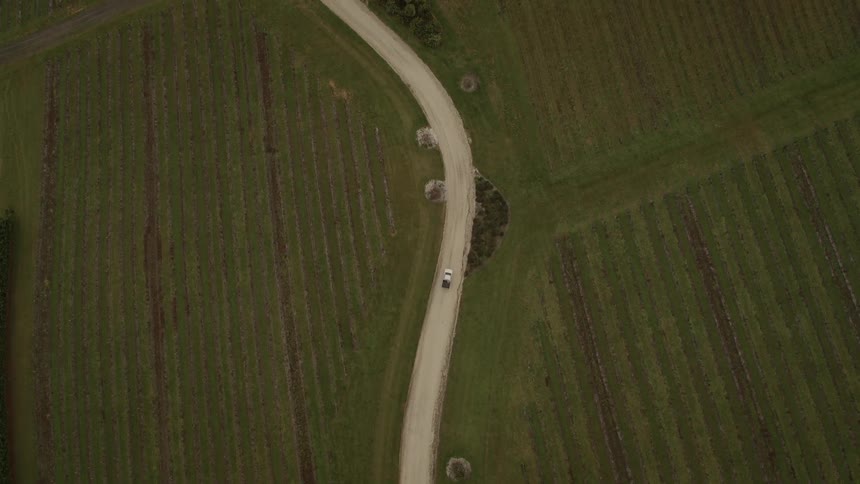 A car traveling on a rural road surrounded by fields