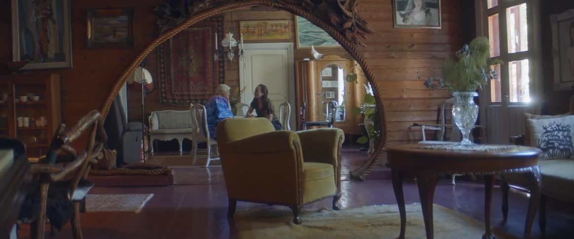Two women talk in the living room together