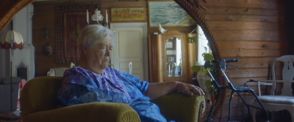Elderly woman taking a nap while sitting on a chair in the living room at home