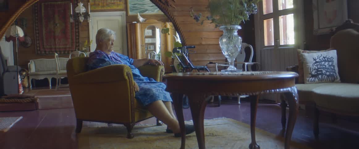 A woman sleeps in an armchair in her living room
