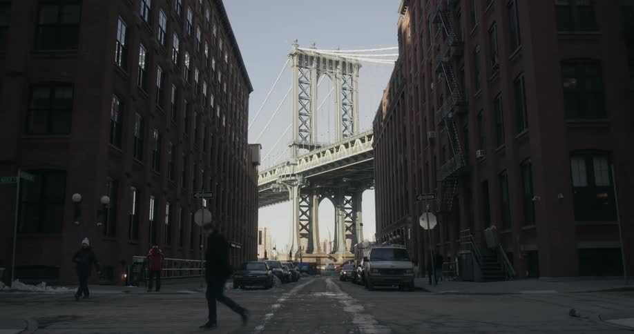 People walking between buildings on a clear day