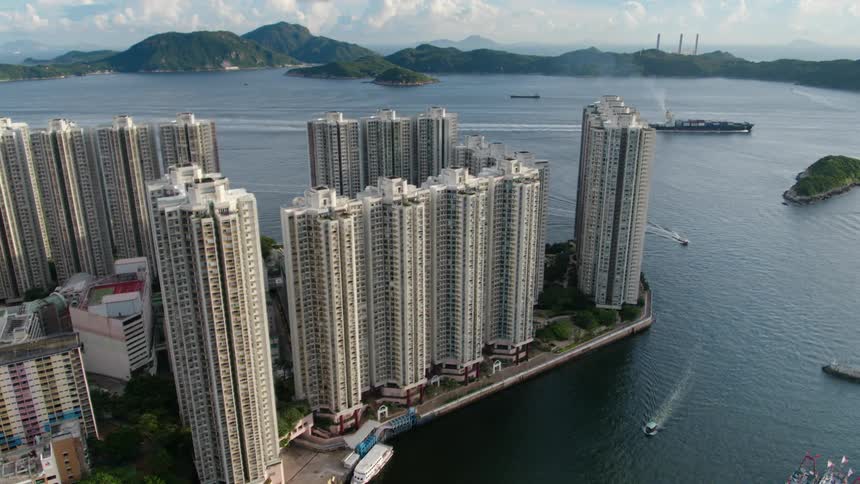 Aerial shot of high rises by water