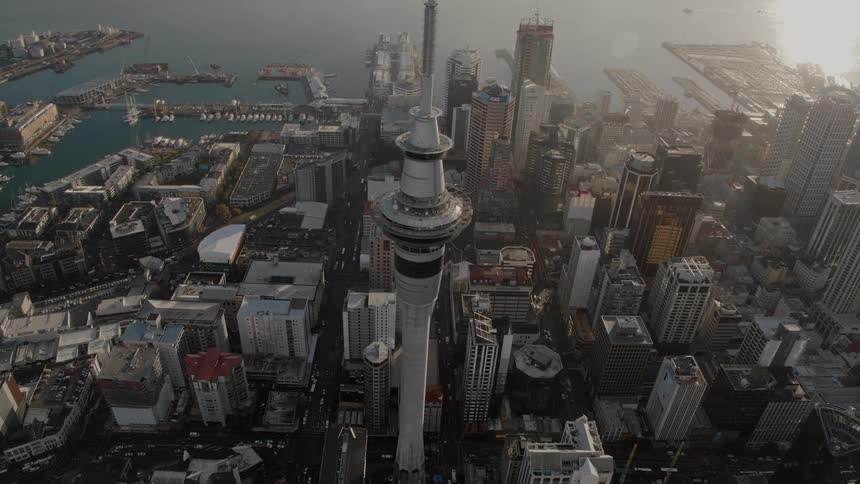 A tower looms over the buildings of a metropolis during the day
