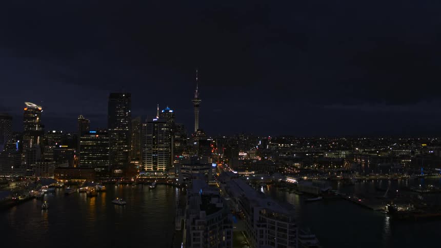 Big city at night along the shoreline with boats in the water