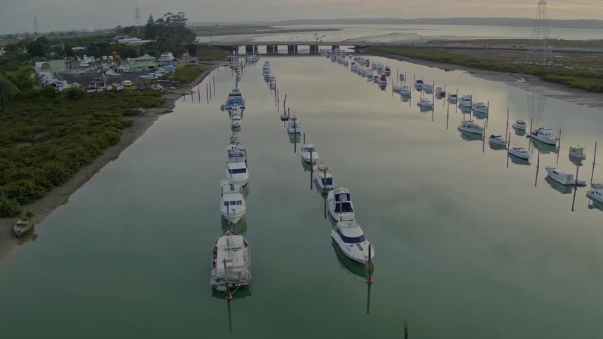 An aerial shot of a marina