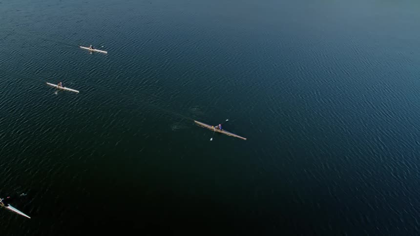 An aerial view of people rowing boats