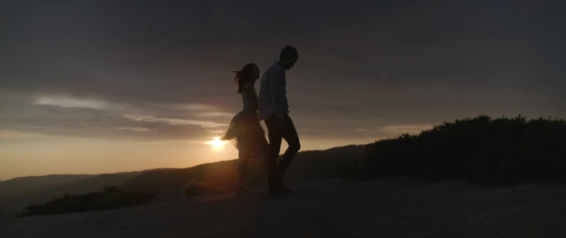 A couple holding hands is silhouetted against the sun setting