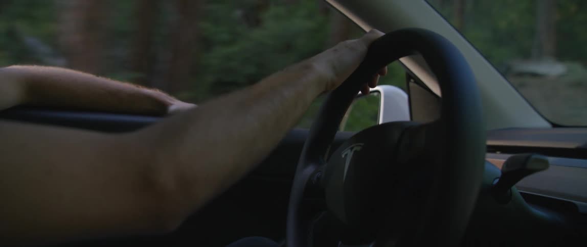 A man driving a vehicle and turning the steering wheel with trees and plants in the background