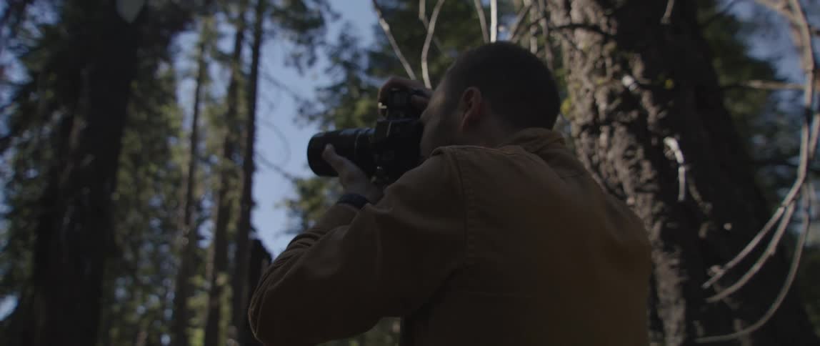A photographer is taking pictures of a couple in the forest