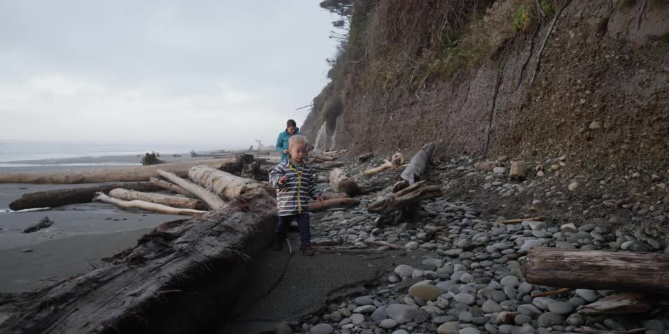 A woman and toddler boy walk along a beach filled with driftwood logs