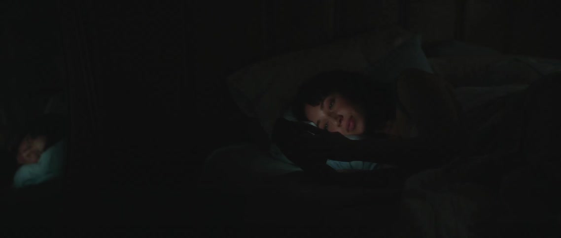 A woman uses her smartphone while laying on her side in bed